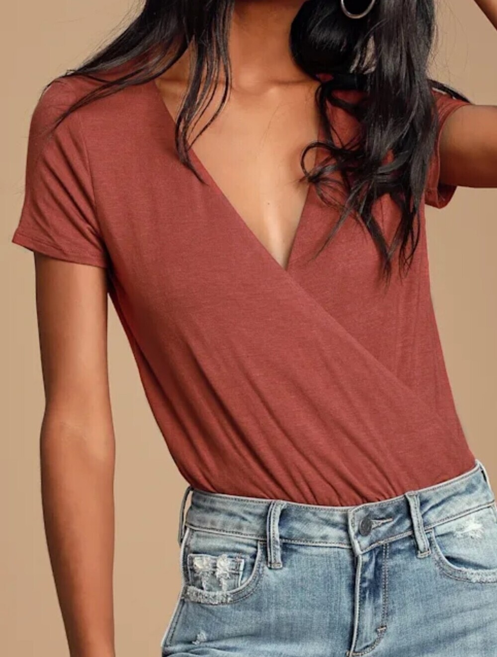Lulus Marren Rust Red Short Sleeve Surplice Faux Wrap Bodysuit - Small - NWT! - Picture 2 of 13